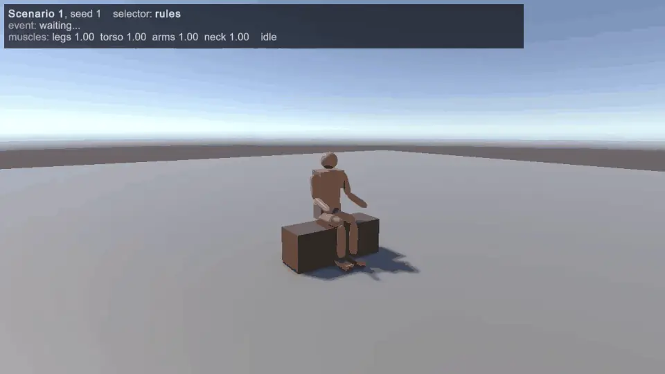 The seated character reacting to four different falling objects