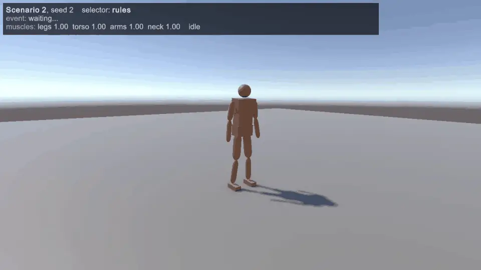 The standing character reacting to four thrown balls